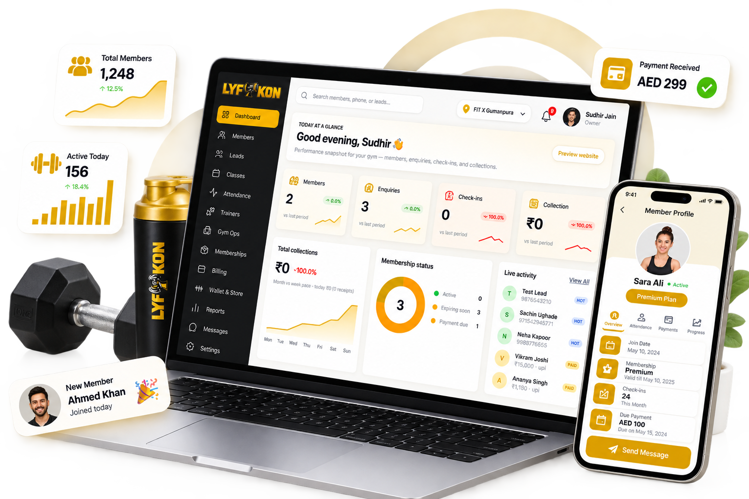 LyftKon CRM on laptop and mobile — members, revenue, attendance, and payments
